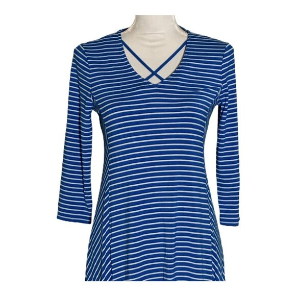 Chico’s Blue White Stripe Fit & Flare Dress XS US 2 Work Casual - Picture 2 of 10